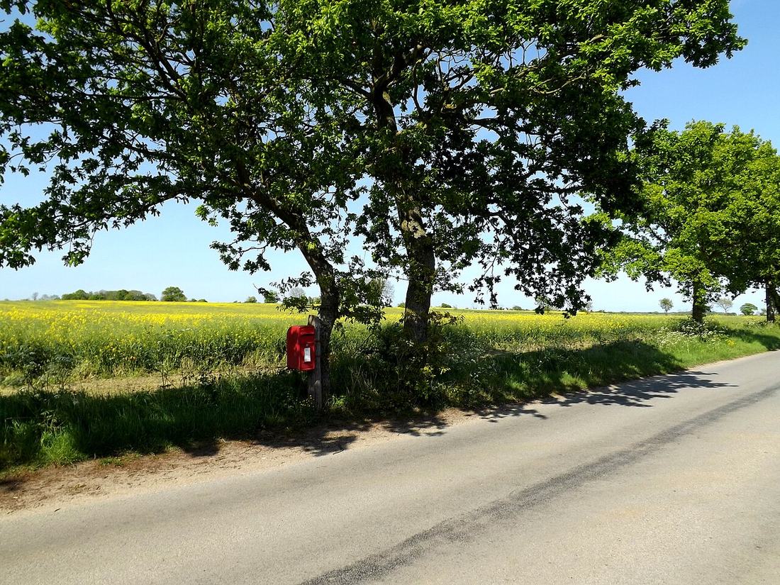 A red postbox in the countryside